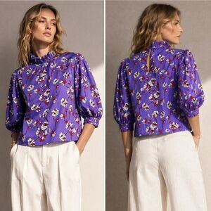 SLV Sur La Vague Floral Ruffle Neck Blouse  Cotton Top Sz 1/ XS-S Cottagecore